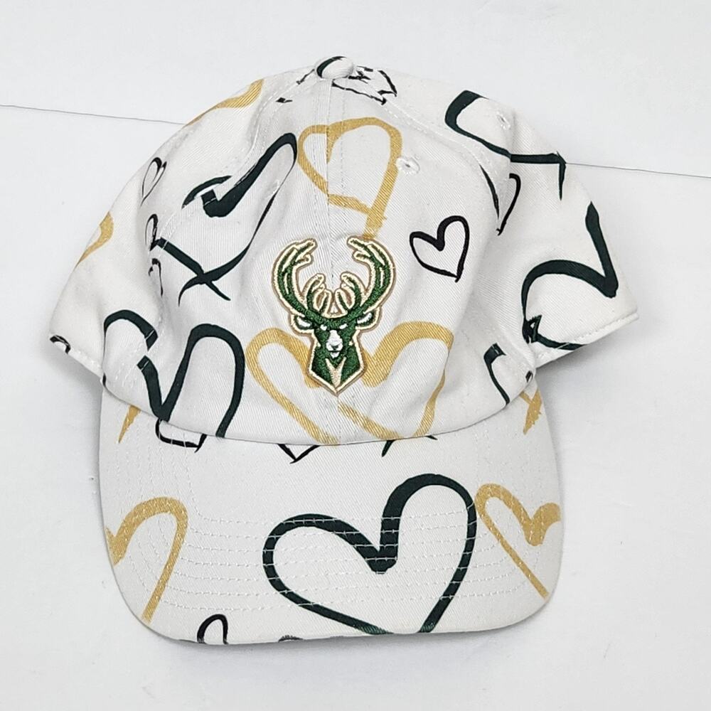 Milwaukee Bucks Hat Cap Strap Back Youth White NBA Basketball All Over Hearts